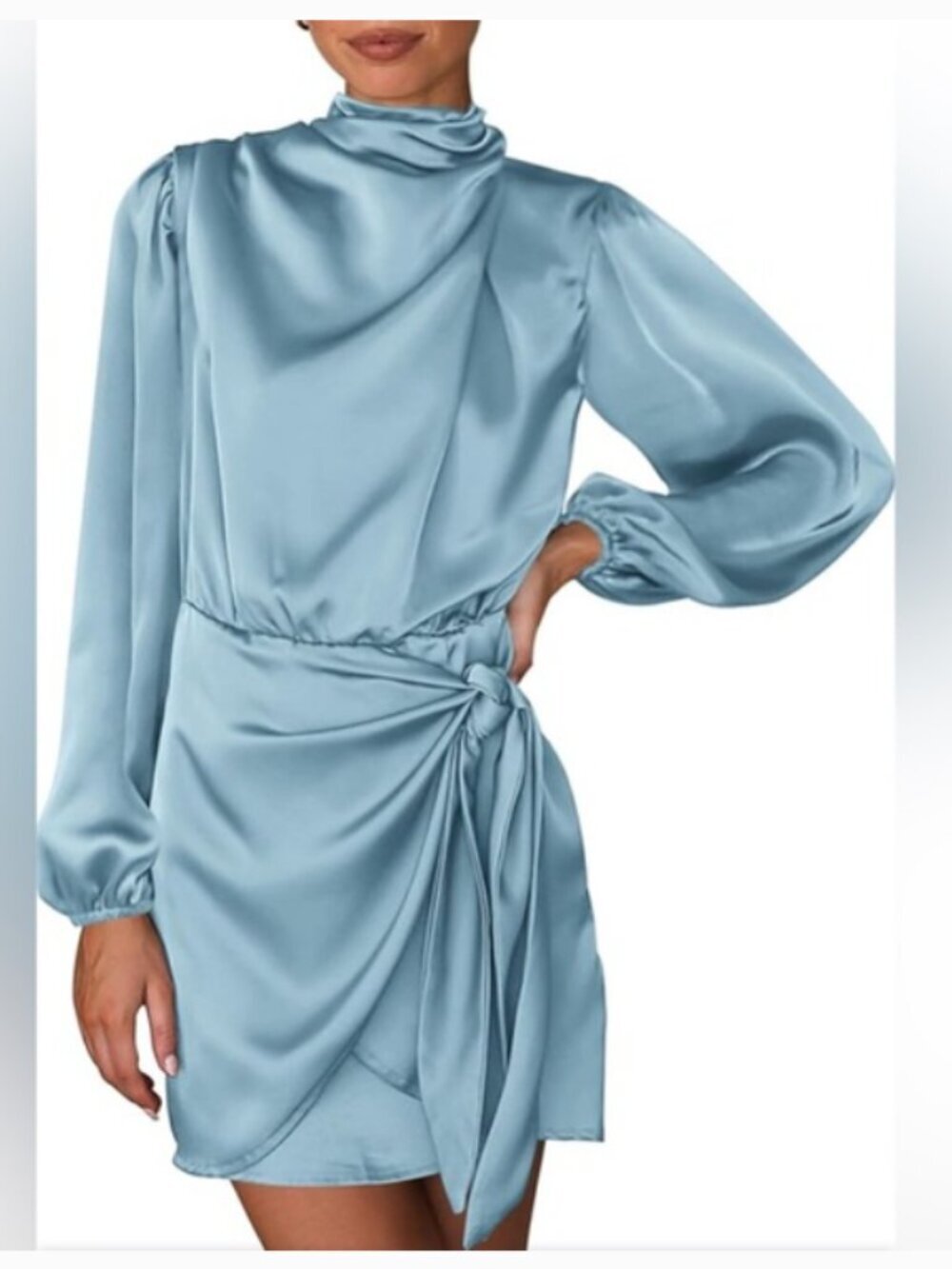 BTFBM Green Faux Wrap Satin Mock Neck Sleeve Dress Size Med NWT - Picture 10 of 11